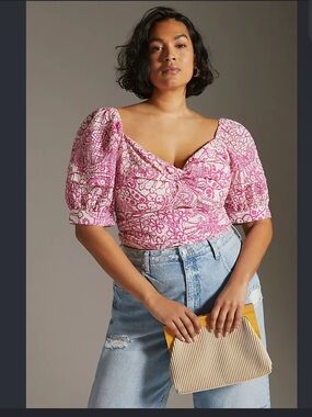 Maeve Pink and Cream Printed Puff Sleeve Crop Top